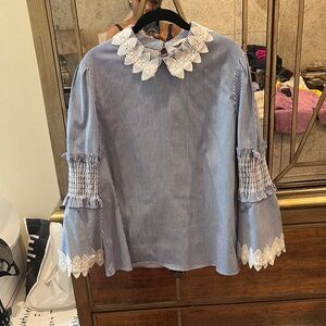 Ted Baker London Blue Boxy Blouse with Peter Pan Collar and 3/4 Sleeves